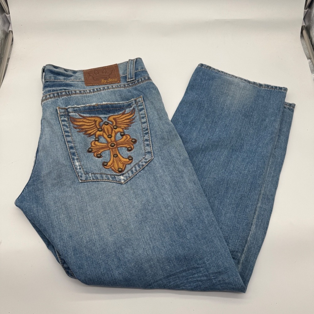 JNCO Light Blue Straight Jeans with Gold Embroidery